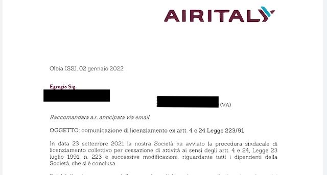 malpensa air italy lettere licenziamento