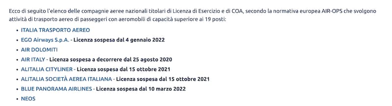 Malpensa blue panorama licenza sospesa