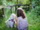 immagine di una bambina e un cane dal retro in un campo