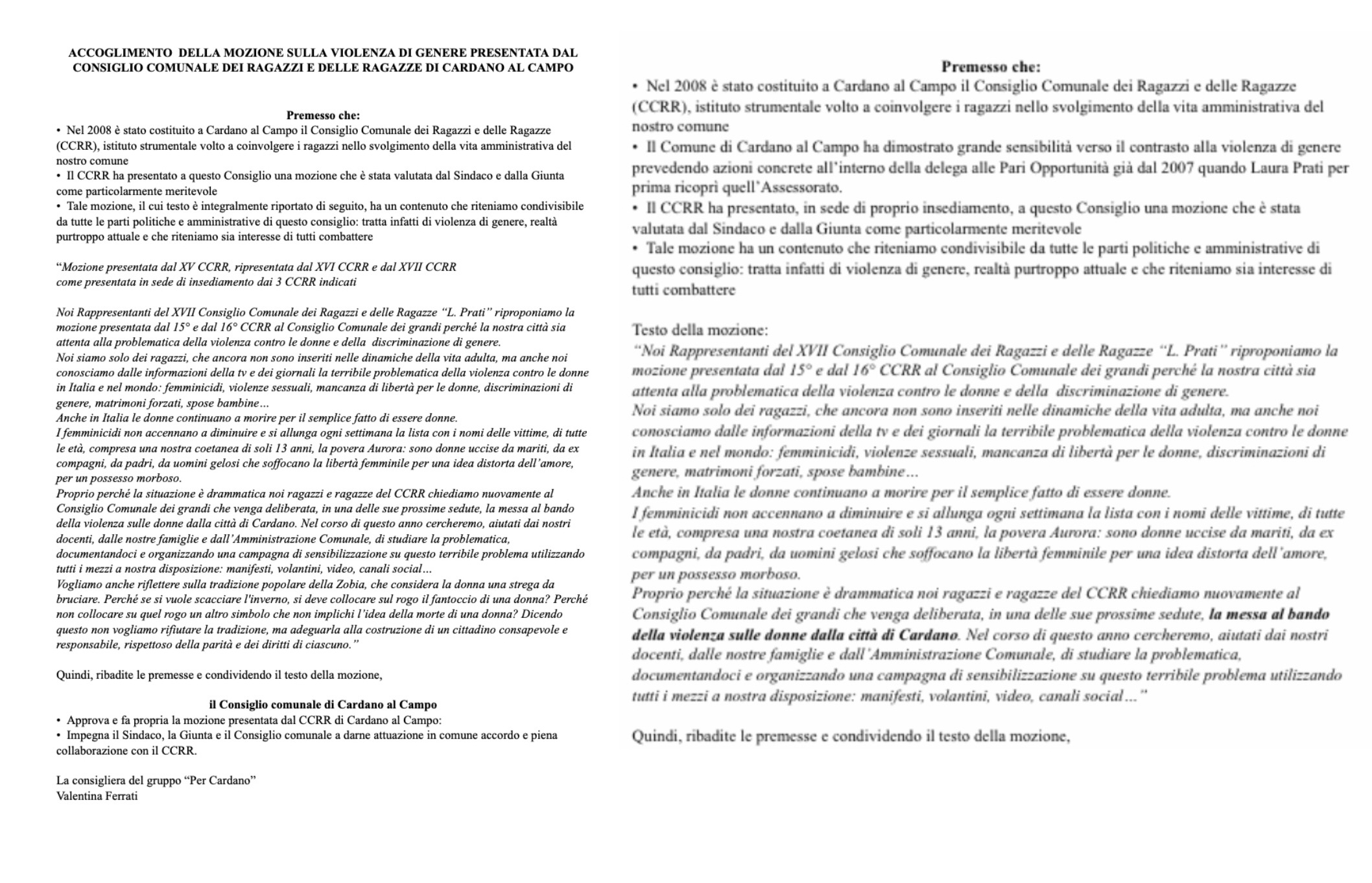 Cardano cancellare gioeubia mozione