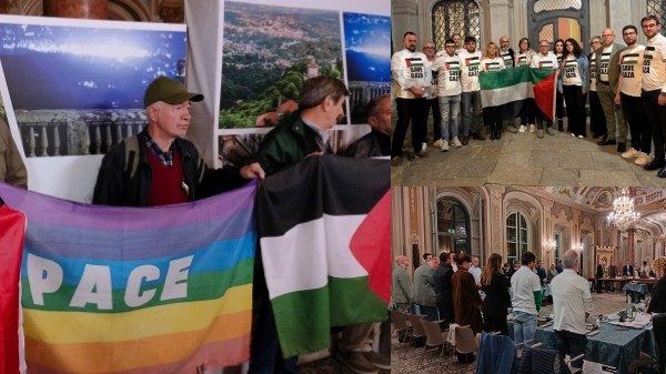 Le bandiere esposte dal comitato, i consiglieri di maggioranza con la maglia pro Gaza e il minuto di silenzio